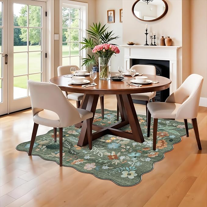 Floral Square Area Rug for Family: Washable 5x5 Scalloped Carpet for Living