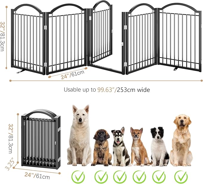 BHG Metal No-Assembly Freestanding Dog Gate with Door Walk Through, Extra Wide 120", Extra Tall 32" Pet Gate, Accordion Puppy Folding Playpen Dog Fence, with 2PCS Support (Black, 5 Panels)