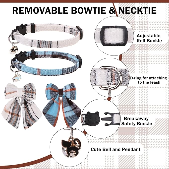 Cat Collar with Bells Breakaway, Bowtie Cat Collar for Boy Girl Cats with Removable Bow Tie Collar, Cute Plaid Kitten Collar with Bell & Pendant Adjustable, 2 Pack Pet Collars for Cats Puppy