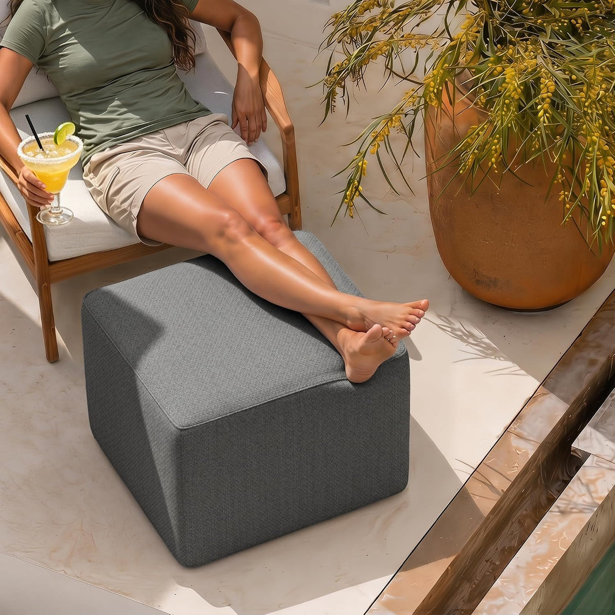 Square Outdoor Ottoman Pouf, 24" Waterproof Patio Foot Rest, Dark Gray