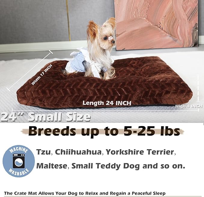 24 Inch Dog Bed for Crate, Washable Mats for Sleeping, Up to 25 lbs, Soft and Fluffy Small Crate Tire Printing Dark Brown S