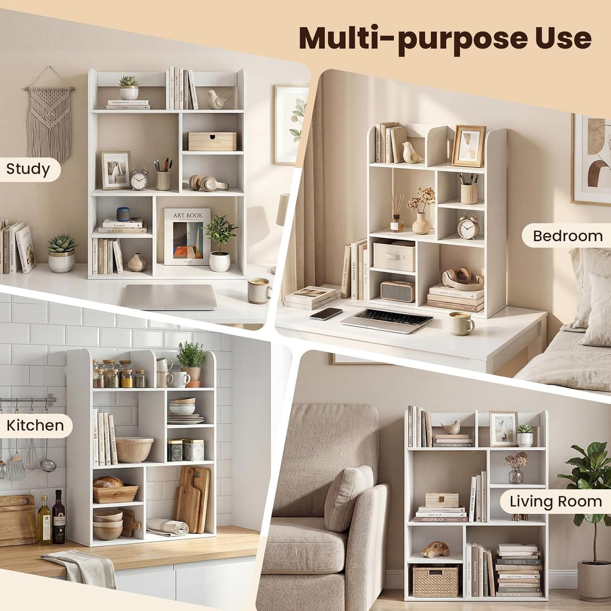 GIANTEX 3-Tier Desktop Bookshelf, 23.5" Desk Hutch Dorm with 8 Open Storage Cubes, Desk Organizer Shelf for Computer Desk, White Desk Shelves for Home Office College Dressing Tabletop