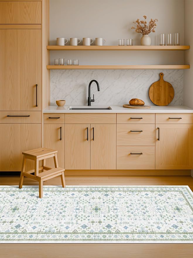 Hazo Haus Washable Oushak 2x6 Bathroom Runner Rug, Eclectic Boho Floral Pastel