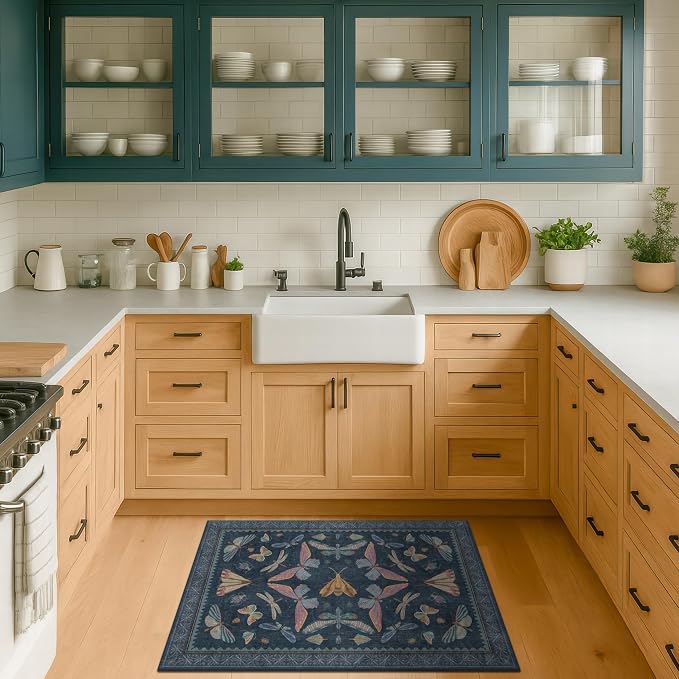 Dark Blue 2x3 Small Rugs for Bathroom Non Slip, Washable Vintage Boho Insect