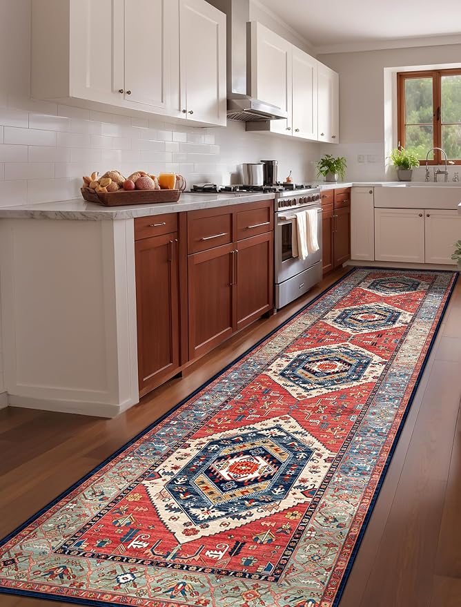 SERISSA Runner Rug for Hallways, Extra Long Boho Rug Ultra Soft Vintage Rust