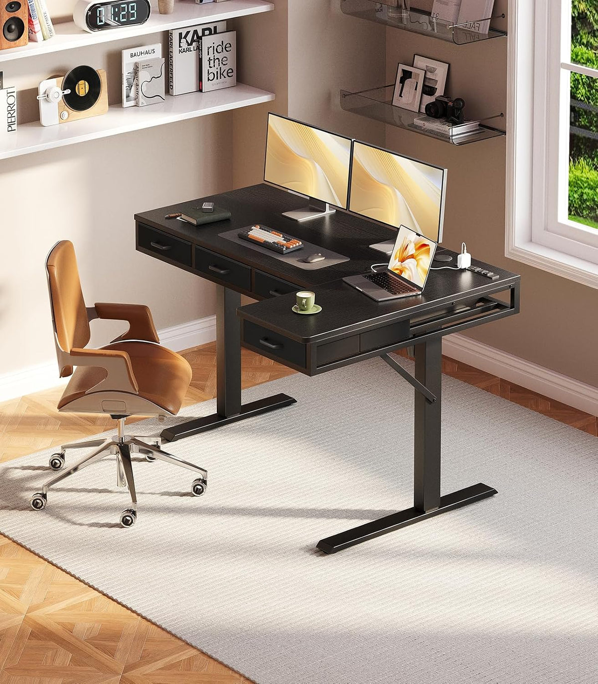 OffiGo 55 Inch L Shaped Electric Standing Desk with 4 Drawers, Black