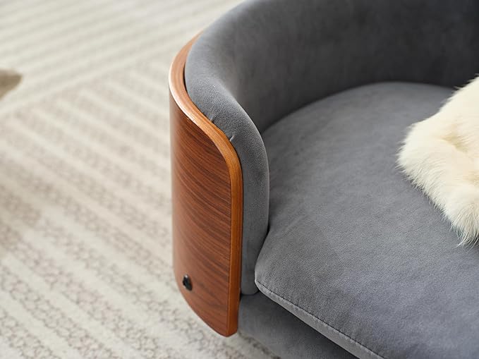 Scandinavian Style Elevated Dog Bed, Pet Sofa with Solid Wood Frame & Walnut Bent Wood Back, Orthopedic Support, Removable Washable Velvet Cover, Small Size, Dark Grey