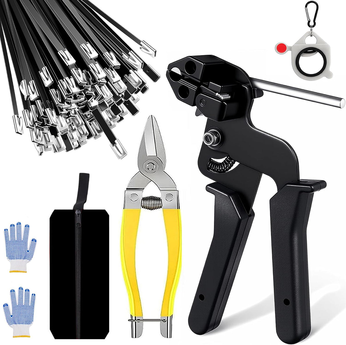 Stainless Steel Cable Tie Gun & 100pcs 12in Black Metal Zip Ties