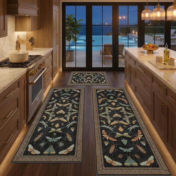 JTJ Insect Botanical Kitchen Rug Set 3 Piece, Vintage Whimsical Runner Rugs