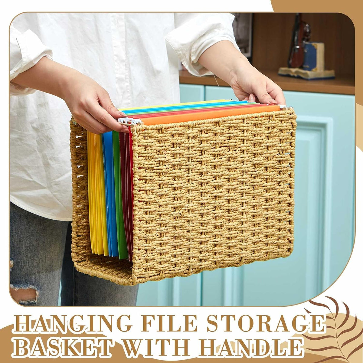 Paper Rope Hanging File Basket with Handle 13.6" x 9.8" x6.6", 1 Pcs, Brown