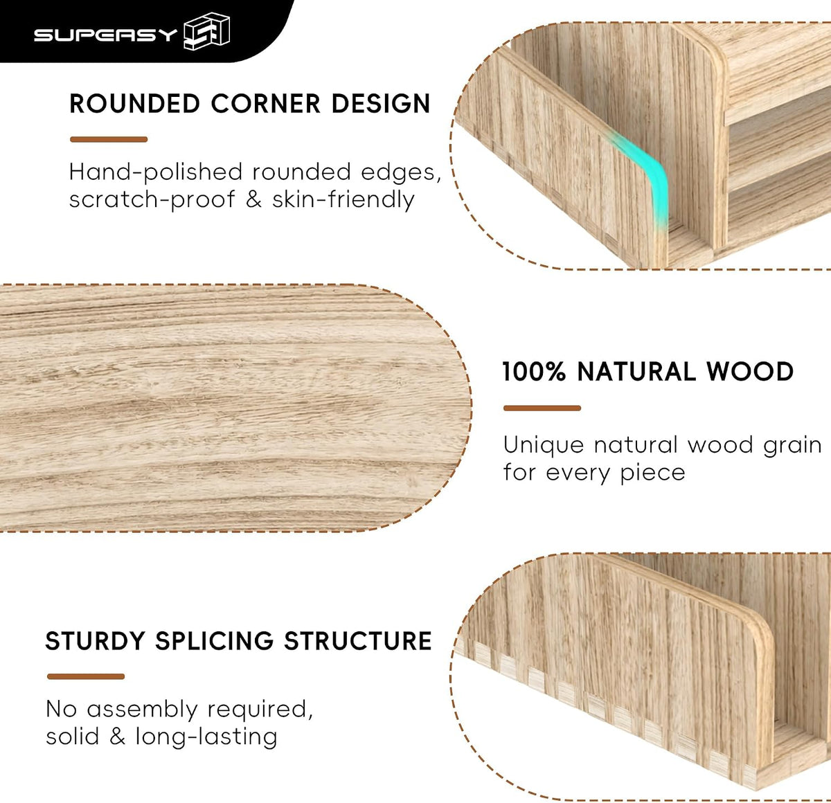Wooden Desk Organizer, 3-Tier Paper Trays with 2 Mail Sorters, Natural Wood