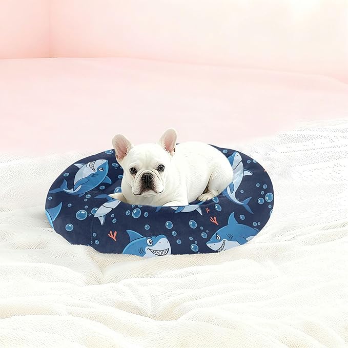 Burbuja Sharks Donut Pet Bed, Calming Soft Dog Bed with Anti-Slip Bottom, Round Cuddler Support for Dogs & Cats, Washable 13 in