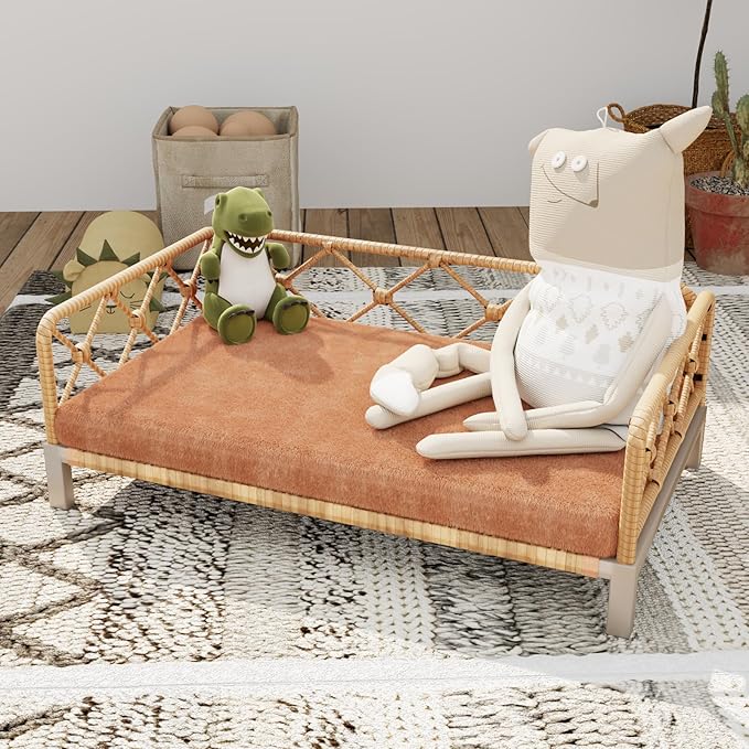 Outdoor Dog Bed, Elevated Dog Couch with Removable Cushion, Waterproof Rattan Wicker Orthopedic Indoor Raised Pet Sofa for Dogs, Cats, Pets (Brown)