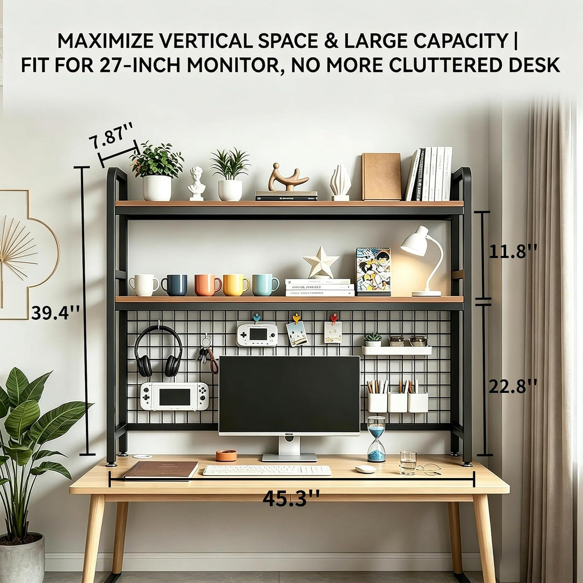 Desktop Bookshelf with Pegboard, 2-Tier Desk Hutch Storage Organizer Rack, Metal Frame & Wood Board, for 27-inch Monitor, Home Office & Dorm，Black,45.3" W
