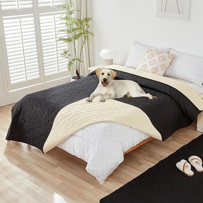 GIBZ Water Resistant Dog Bed Blanket Cover Large Anti Slip Pet Furniture Protector Washable Cat Quilted Mat for Couch, Black, 130x210cm
