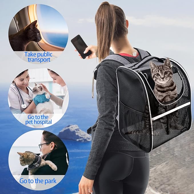 BAGLHER Pet Carrier Backpack, Ventilated Design, Pet Travel Backpack with Comfortable Shoulder Straps, Thicker Bottom Support, Two-Way Entrance Pet Carrier Backpack, Black