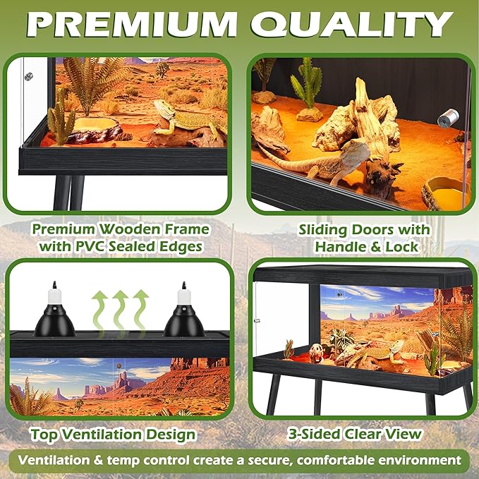 ROYXEN Bearded Dragon Tank with Leg Stand,Tempered Glass Reptile Tank with Metal Mesh Top, 3-Side Clear Anti-Scratch Glass Lizard Tank,Snake Tank for Reptile Habitat (Black, 34Gallons,32" Length)