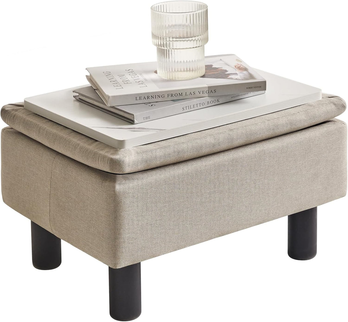 IBUYKE Storage Footstool Ottoman, Linen Fabric Footrest, Linen RF-BD223