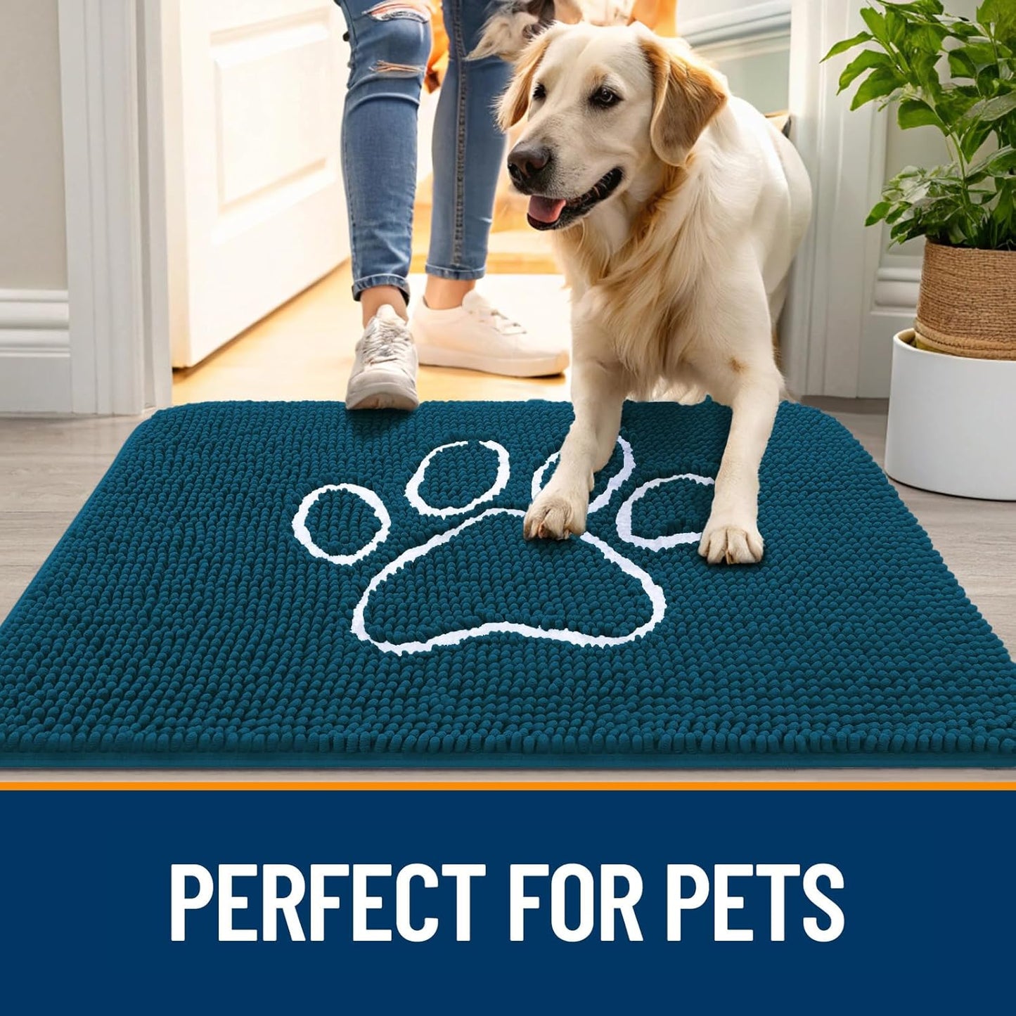 OLANLY Door Mat for Muddy Dog Paws 48x30, Absorbent Chenille Mud Doormat with Paw Print Design, Non-Slip Washable Doormat for Indoor Entryway, Quick-Dry Pet Bed Mats for Dirty Dogs, Atlantic Blue