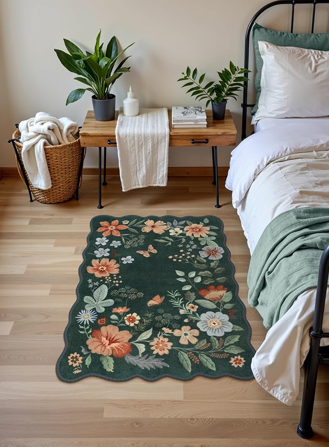 Lahome Floral Green Rugs for Entryway, 2X3 Washable Kitchen Rugs Non Slip Soft