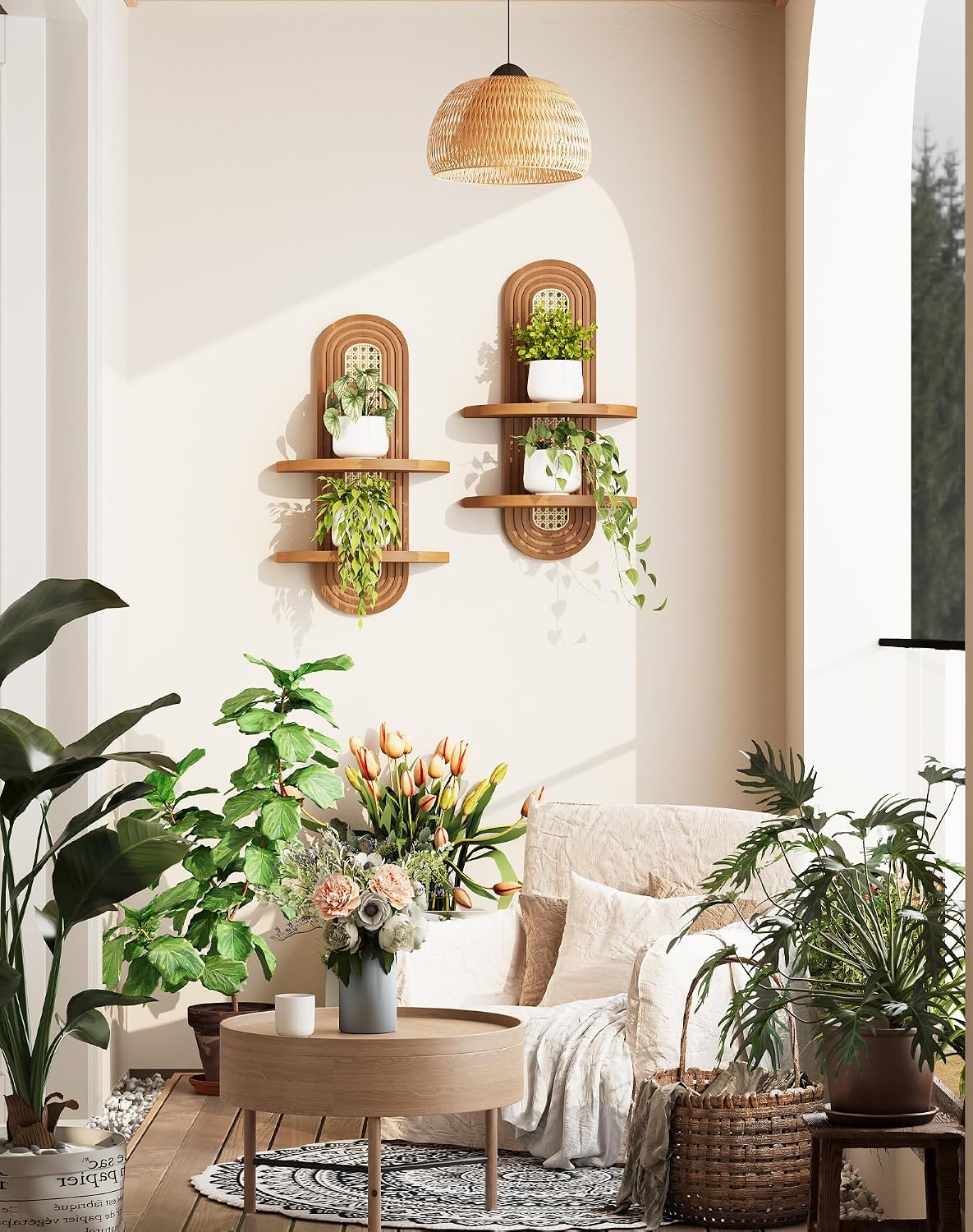 Floating Shelves for Wall,Boho Home Wall Decor,2-Tier Rattan Plant Shelf,Mid Century Hanging Small Decorative Shelf,Natural Wood Shelves for Living Room,Bedroom,House,Office,2-Pack (Walnut)