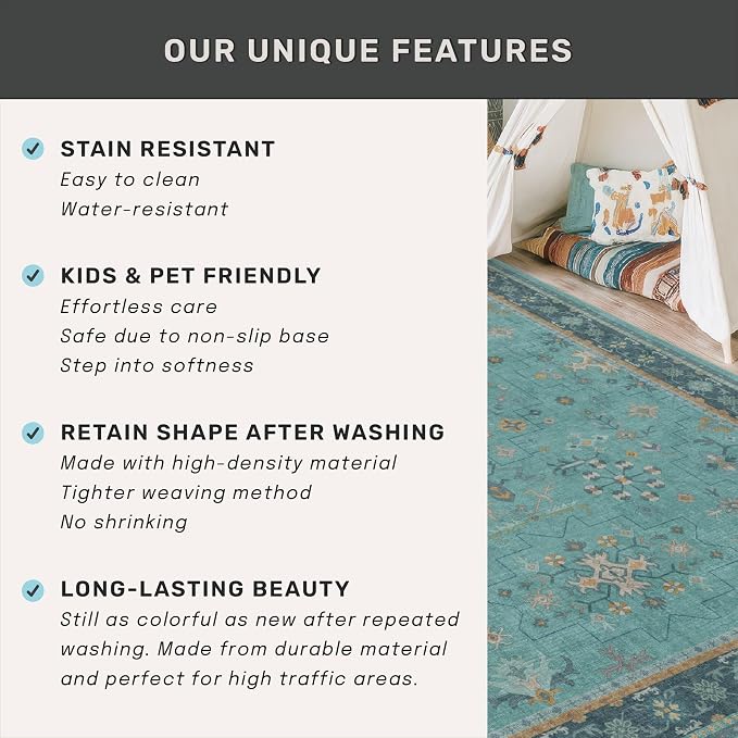 Large Boho 8x12 Teal Green Washable Living Room Rug