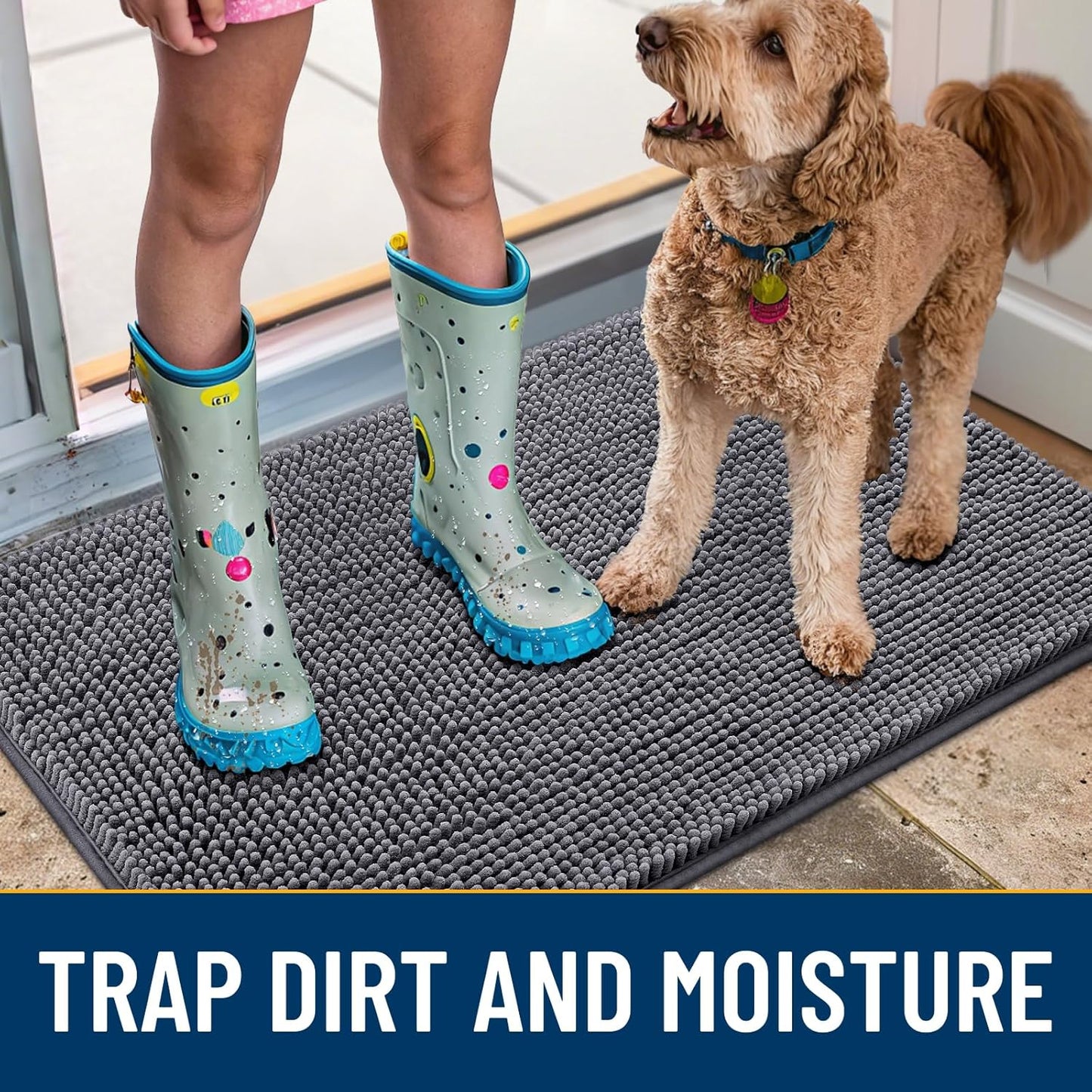 Smiry Dog Door Mat for Muddy Paws 47x32, Absorbs Moisture and Dirt Doormat, Non-Slip Washable Quick Dry Chenille Front Door Mat Indoor Entrance, Entryway Carpet for Inside Floor, Dark Grey
