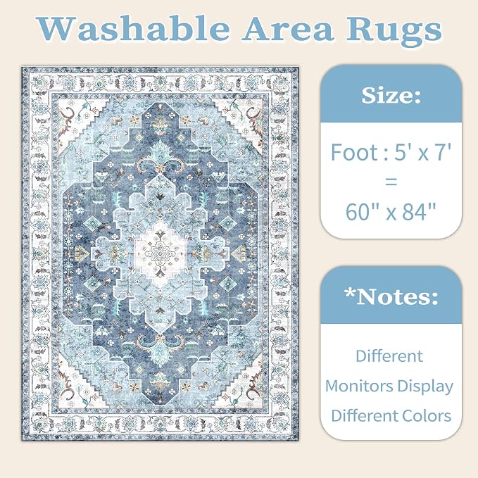 SERISSA Boho Area Rug 5x7 Blue, Washable Large Rugs