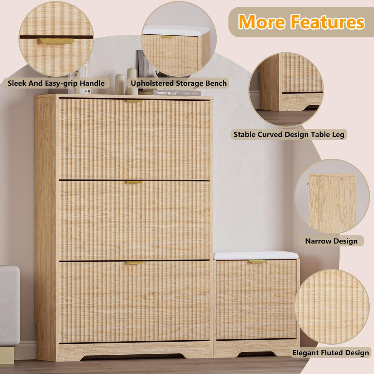 BORNOON Slim Shoe Cabinet with Bench for Entryway, Hidden Storage and Adjustable Shelves, Free Standing Wooden Shoes Organizer for Hallway, Foyer