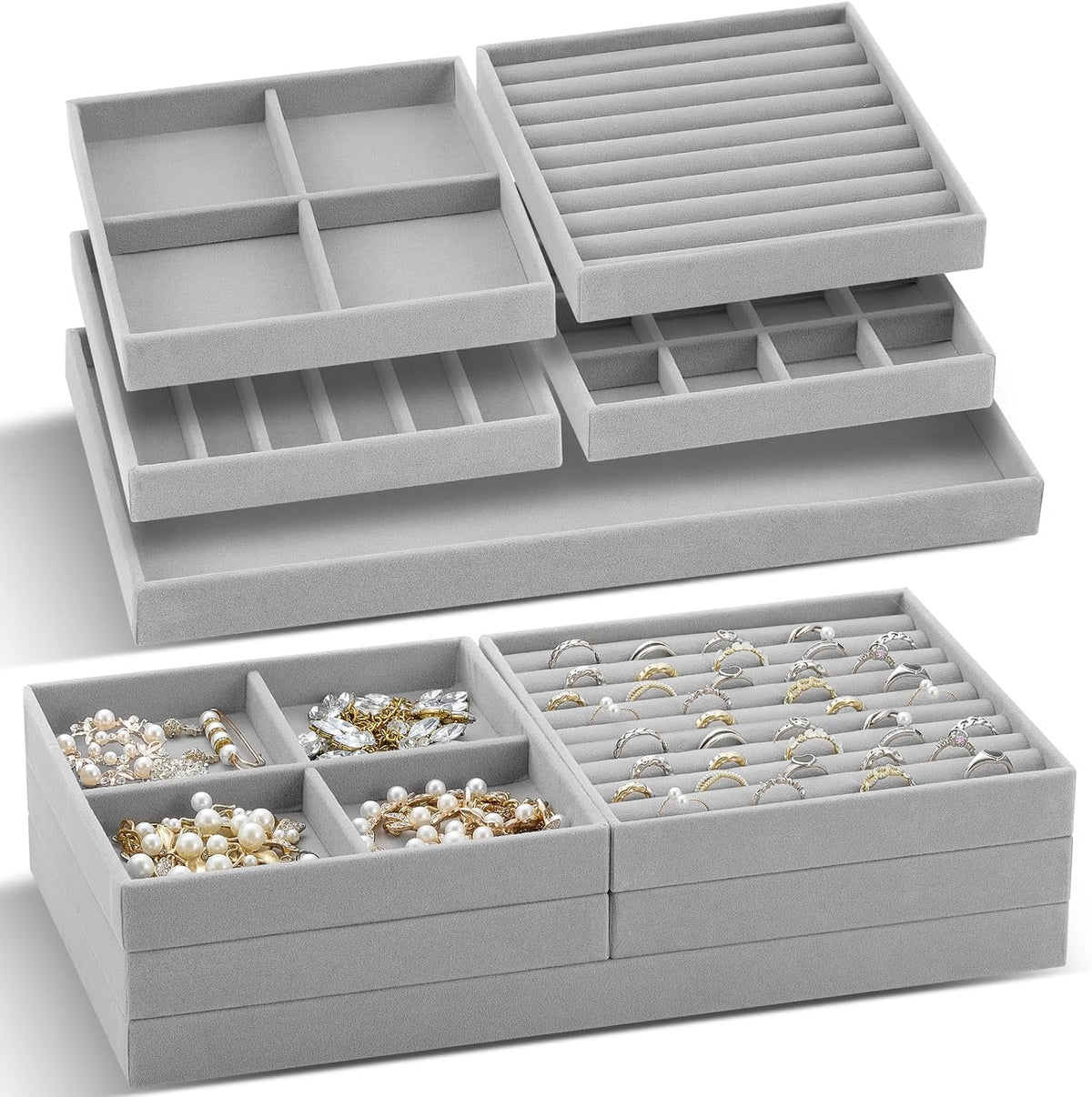 Cinnvoice Set of 10 Stackable Jewelry Organizer Tray for Drawer, Gray