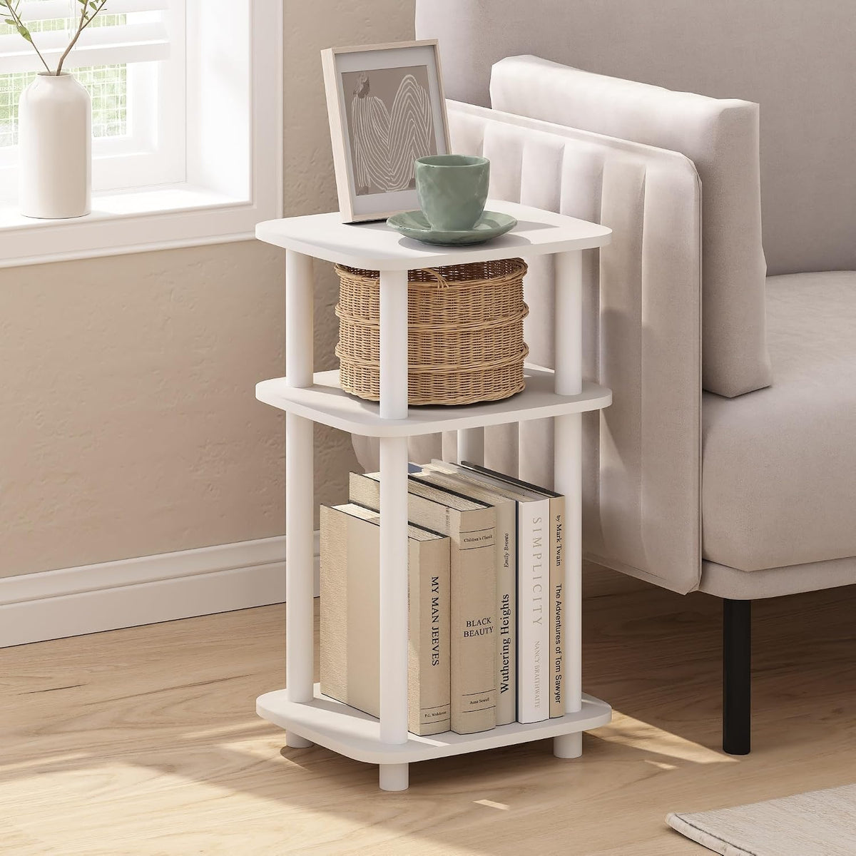 Furinno JUST 3-Tier Telephone Table, Turn-N-Tube Toolless Side Table with Open Shelf, Round Curve Corner Night Stand, Bedside Table, for Living Room, Bedroom, White