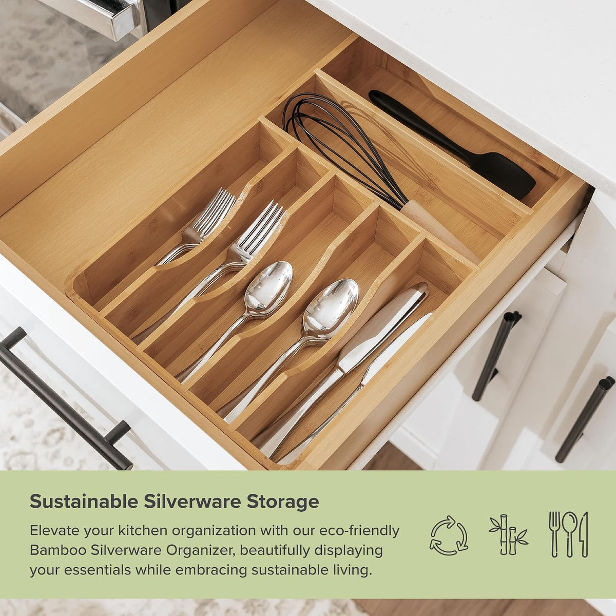 KitchenEdge Silverware & Utensil Organizer, Fixed 10.5 in, Bamboo