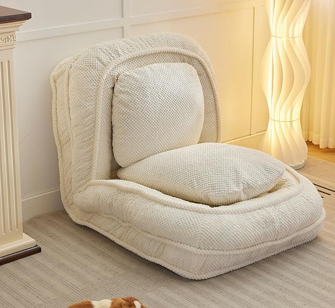 Human Dog Bed for Adult and Kids, Comfy Foldable Lazy Floor Sofa Bed with 5 Adjustable Position, White Upholstered Floor Bean Bag Lounger Chair for Bedroom, Living Room,Office (White.)