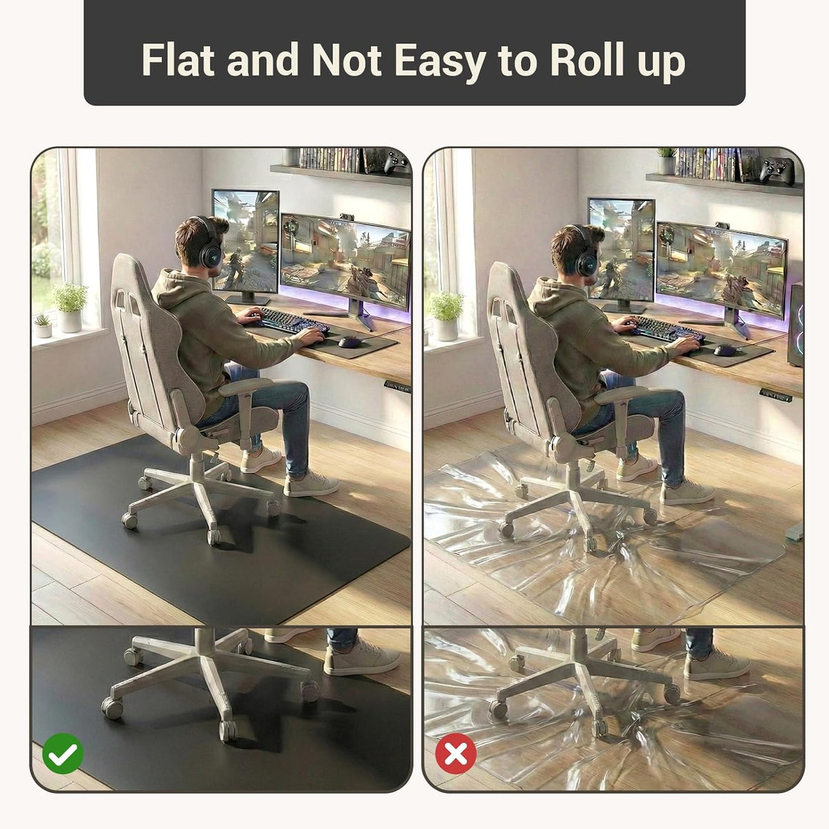 Office Rolling Chair Mat for Hardwood and Tile Floor, Black, Anti-Slip, Non-Curve, Chair Mat Best for Under the Computer Desk, 47 x 35 Rectangular Non-Toxic Plastic Protector, Not for Carpet