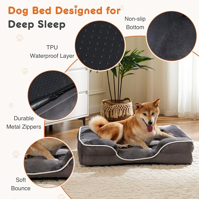 Sweetcrispy Orthopedic Dog Bed, XL Large Memory Foam Puppy Cat Bed with Washable Waterproof Removable Cover & Non-Slip Bottom for Pet Calming Sleeping (42"x32", Gery)