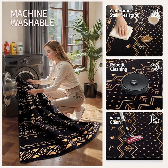 SERISSA 4x6 Area Rugs for Living Room, Washable Non-Slip Black and Gold Boho Rug