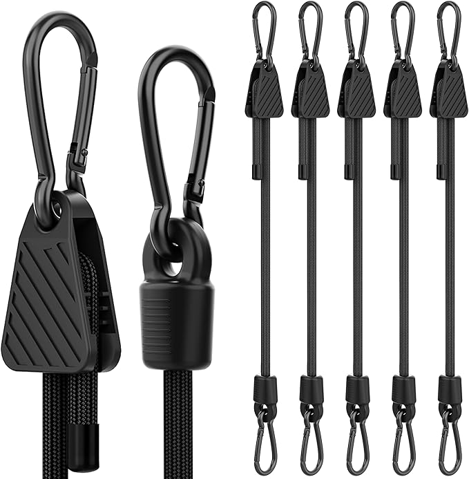 Upgraded Adjustable Bungee Cords with Hooks, 6 Pack Heavy Duty Outdoor Carabiner Bungee Cord, Black Super Elastic Bungee Straps Easily Adjust from 7" to 24", Great for Cargo, Camping, Bike Racks, Tent