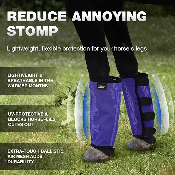 Harrison Howard Loose Fitting Fly Boots UV-Protective Extra Tough Mesh Ventilated Four Fasteners Stay-on Design Protect Horse Legs & Stomp-Reducing Set of 4 Deep Navy Pony