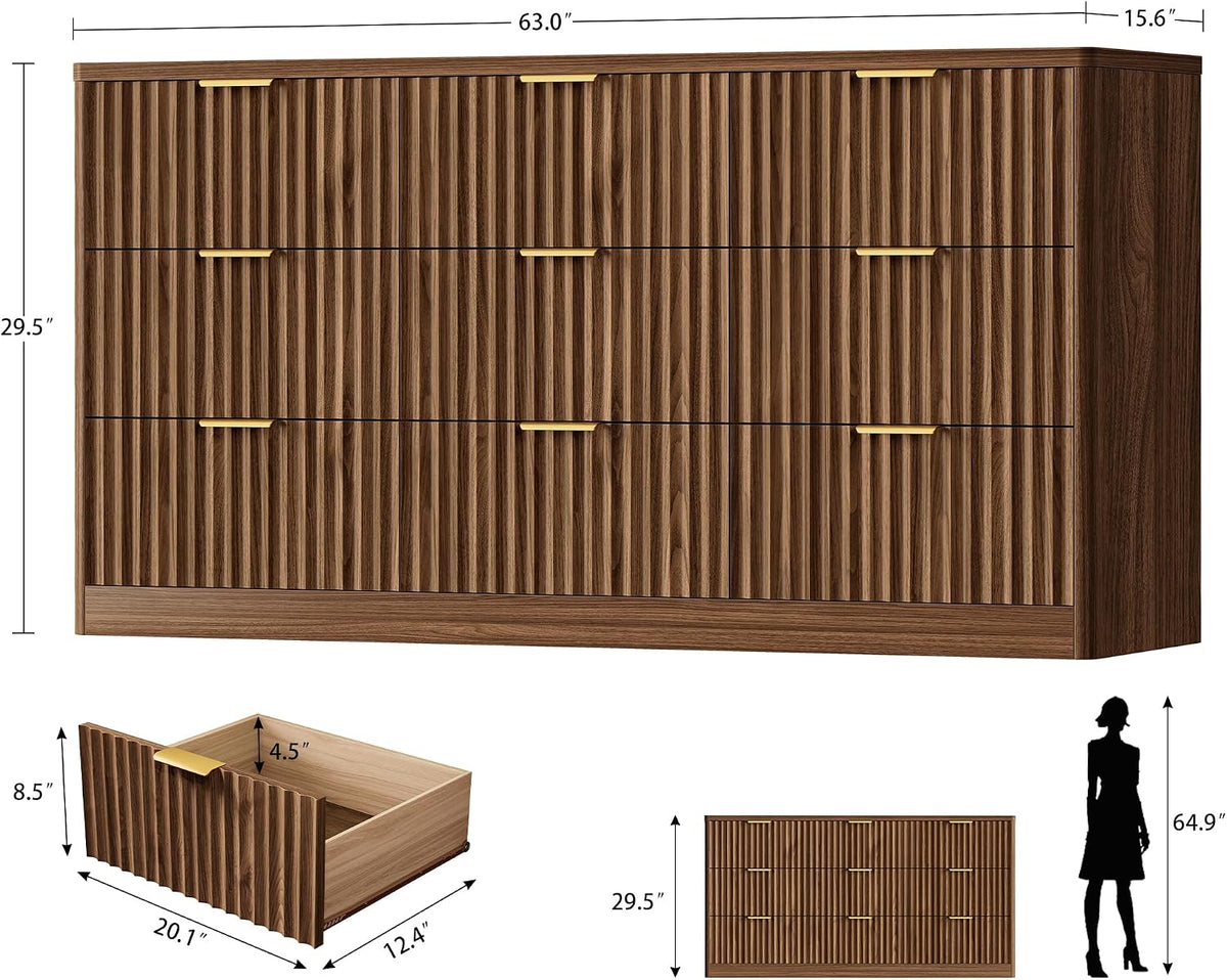 TEENFON 63" Dresser for Bedroom with 9 Drawers, Modern Dressers & Chest of Drawers with Metal Handles, Fluted Dresser, Wood Closet Clothes Storage Organizer for Living Room, Hallway, Walnut