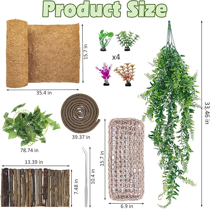kathson Bearded Dragon Tank Accessories Kit, Reptile Hide Wooden Bridge Coconut Fiber Mat Hammock Jungle Climber Vines Leaves Tweezer and Plant Reptile Habitat Decor for Chameleon Lizards Gecko Snakes