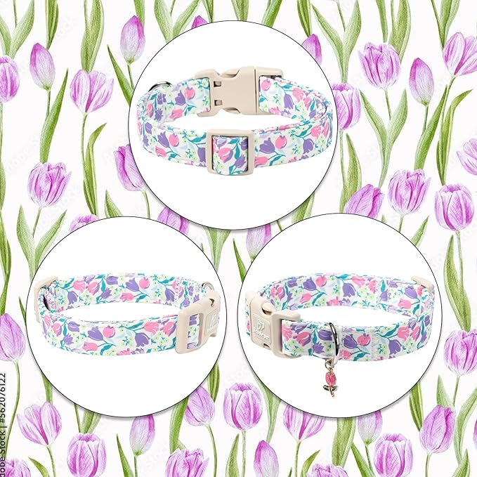Floral Dog Collar for Small Dogs - Pink Purple Tulips Print Dog Collars, Spring Summer Cute Flower Puppy Collar, Lightweight Adjustable April Holiday Boy Girl Dogs Collars S