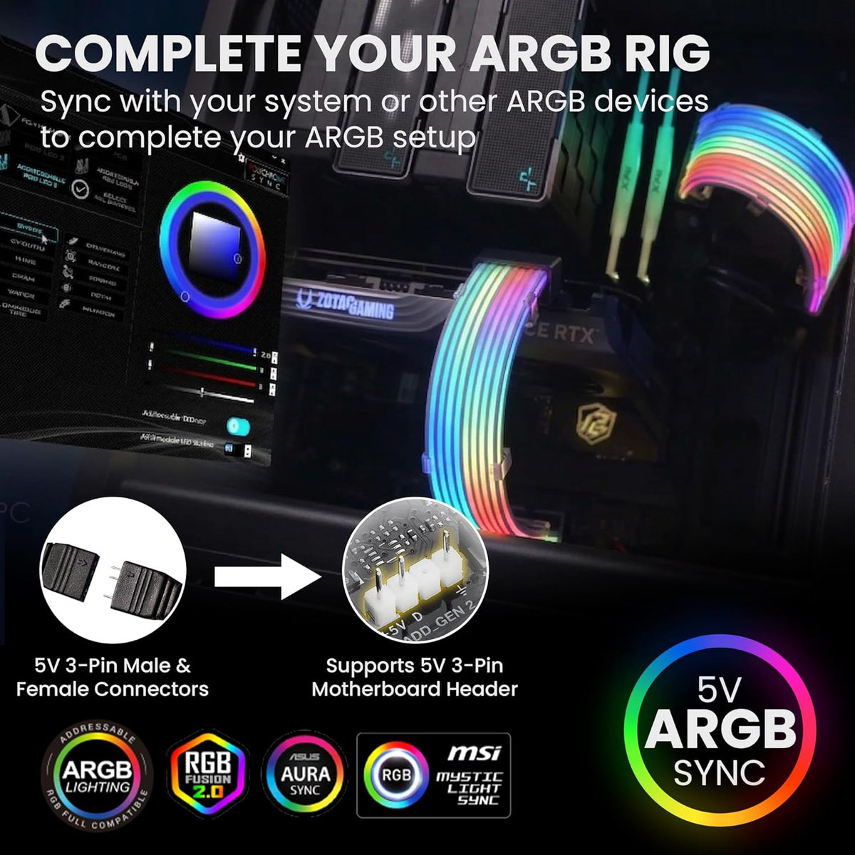 TECWARE Flex RGB Cable Cover Kit | Compatible with 24-Pin Motherboard and 8-Pin/16-Pin GPU | ARGB PSU Cable Extension with 5V 3-Pin Sync | RGB Lighting Kit for PC Cables | White