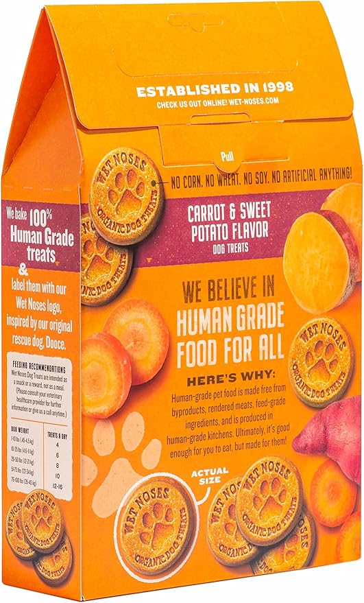 Wet Noses Organic Crunchy Dog Treats Grain Free – All-Natural, Human-Grade, Non-GMO, Healthy Training & Delicious Snacks for Dogs, All Dog Sizes & Breeds – Carrot & Sweet Potato, 14oz (Single Pack)