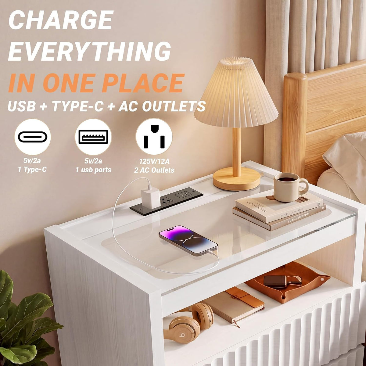 Modern Nightstand with Charging Station,Fluted 2 Drawers,White Oak Finish