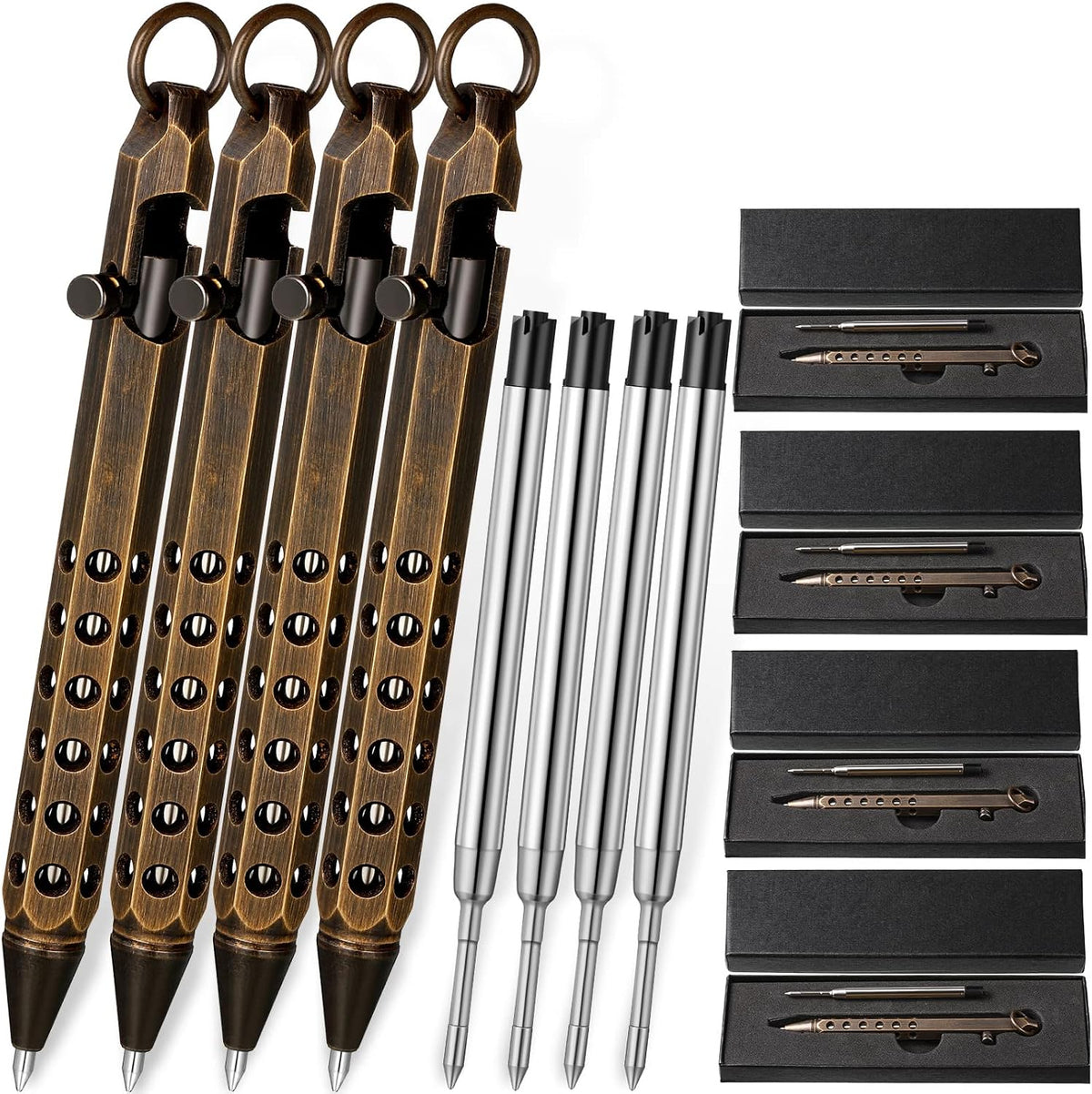 Chinco 12 Pcs Bolt Action Pen Sets Gift for Men 4 Hexagon Solid Brass Pens 8 Ink Refills Edc Pen Signature Pocket Size with 4 Gift Box for Father's Day(Retro Black)
