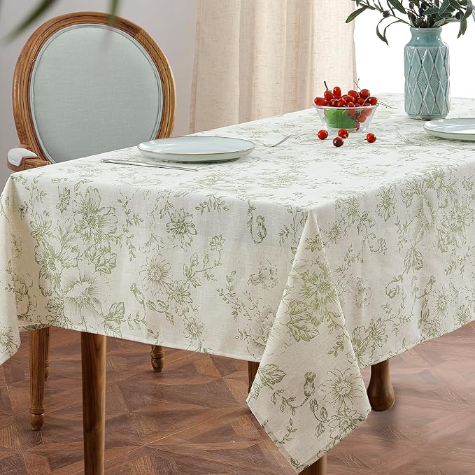 jinchan Green Floral Linen Blend Rectangle Table Cloth 52 x 70 Inch | Elegant