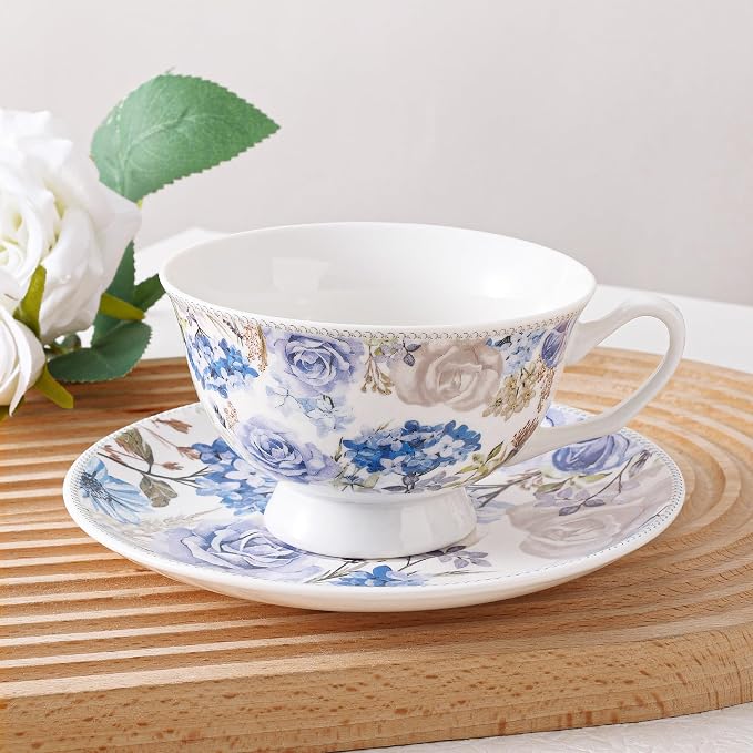 fanquare 6 oz Blue Rose and Hydrangea Porcelain Tea Cup and Saucer Set |