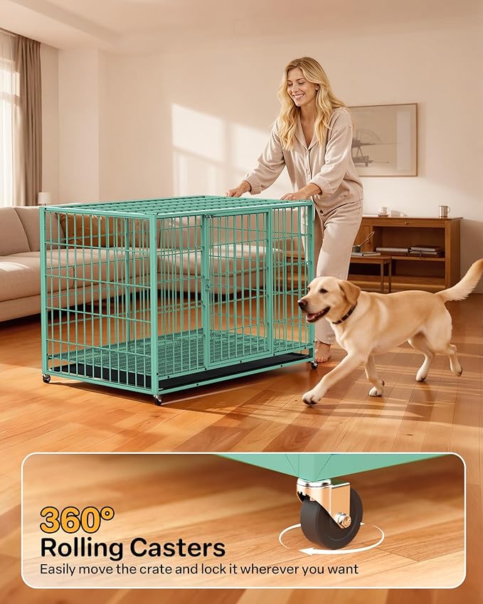 48 Inch Large Dog Crate, Escape Proof Dog Cage with Dual Door Lock and Swivel Casters,Removable Tray for Easy Cleaning, Dog Kennel Indoor Outdoor Use