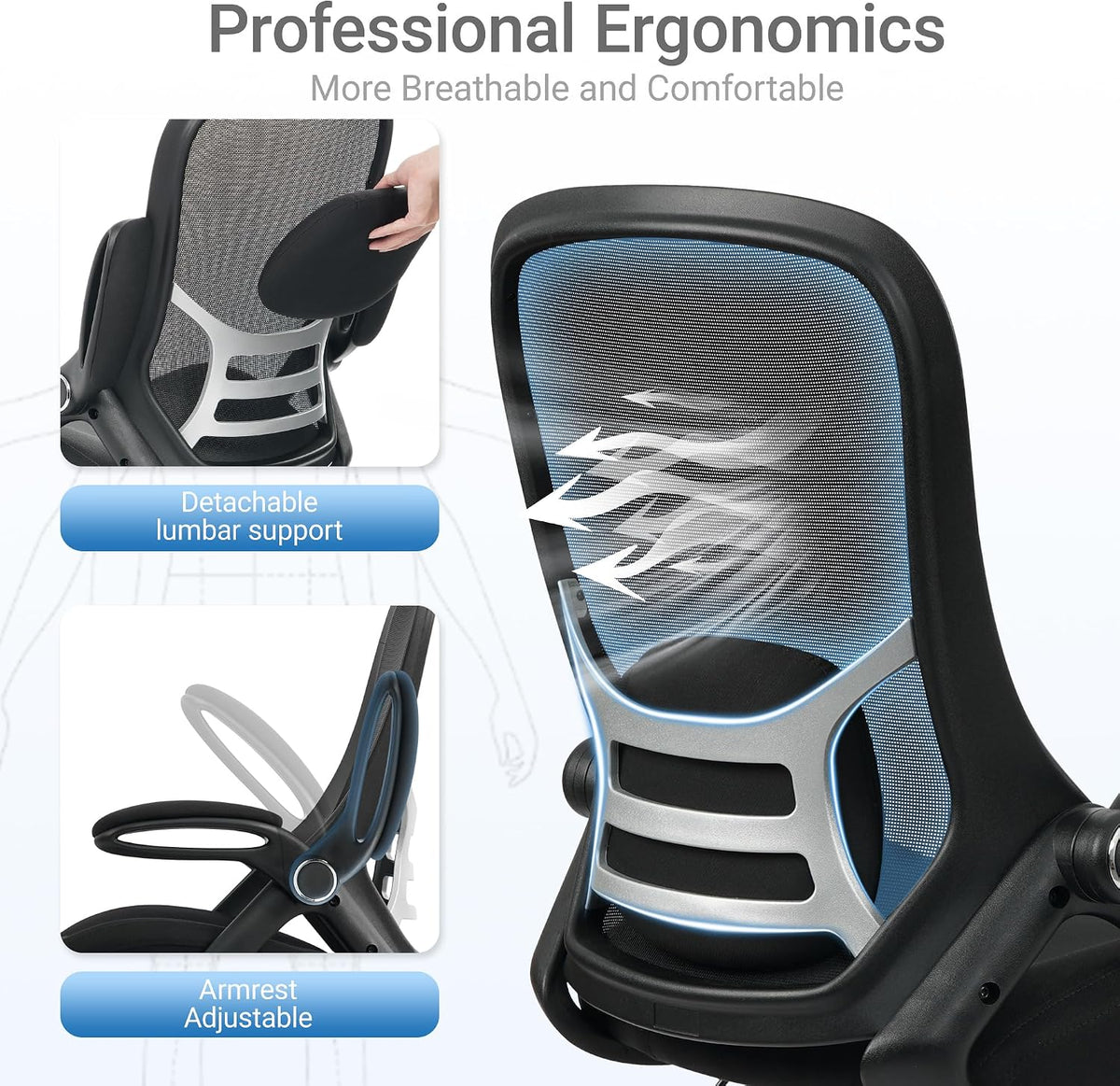 HYLONE 400lbs Big and Tall Heavy Duty Drafting Chair 5" Thickened Seat Tall Office Chair Flip-Up Armrests Ergonomic Chair with Lumbar Support and Adjustable Footrest Ring Standing Desk Chair (Black)