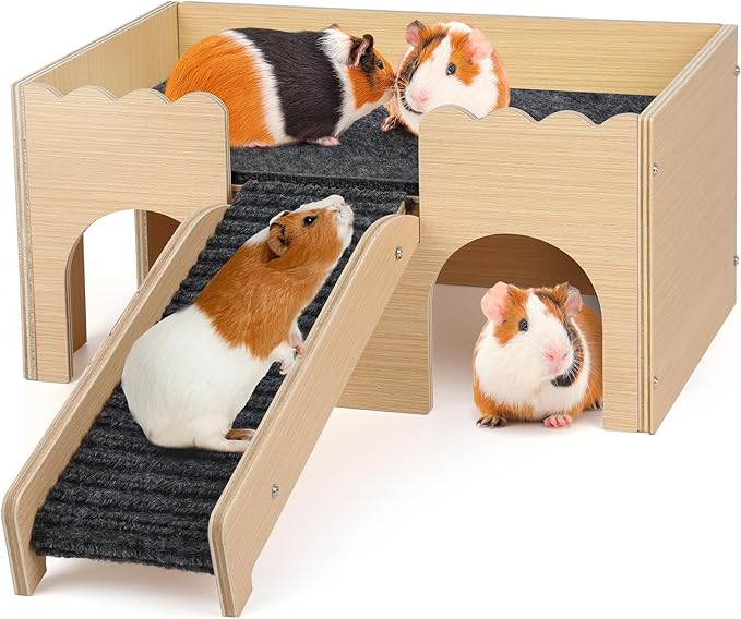 Wooden Guinea Pig Hideout Castle with Stairs,Small Animal Bed Hut Habitats Spacious 2-Level Detachable Small Pet House for Rabbits, Hamsters & Chinchillas Bunny (Grey)